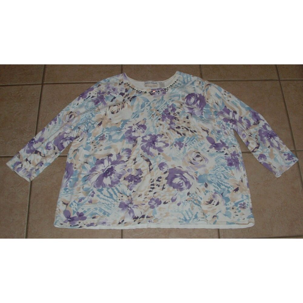 Multicolored Plus Sz 3X Embellished Neckline Pullover Sweater ALFRED DUNNER